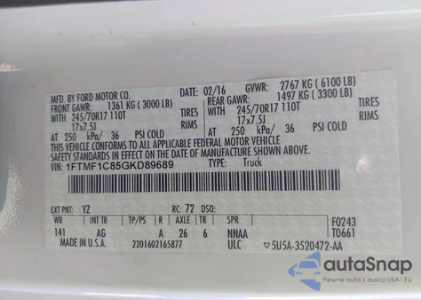 2016 Ford F-150 Xl from USA, damaged, VIN 1FTMF1C85GKD89689